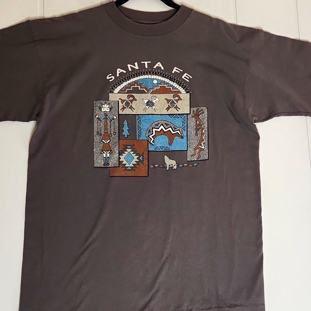 90s Western single stitch graphic Mountain gray Aztec print short sleeve t-shirt
